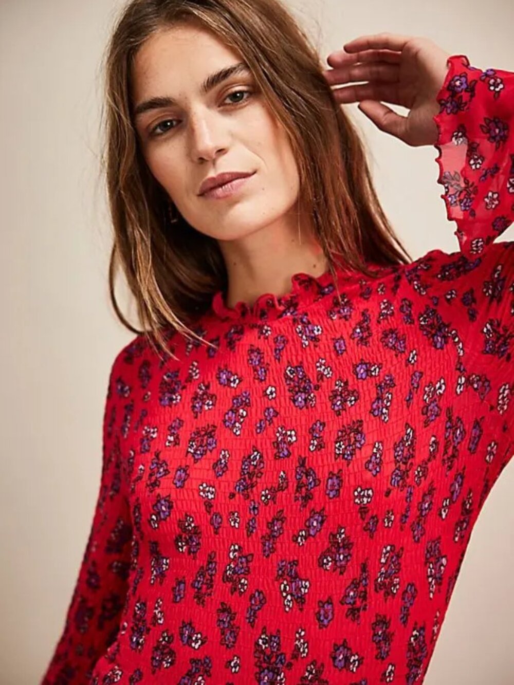 Free People Fine With Me Smocked Floral Top Large L Red Mock Neck OB2118156